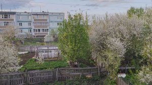 Цветущая деревня, вид из окна на деревенскую атмосферу, уютная счастливая жизнь в деревне