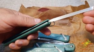 Нож складной трехпредметный с пилкой, зеленый. 120 мм. СССР