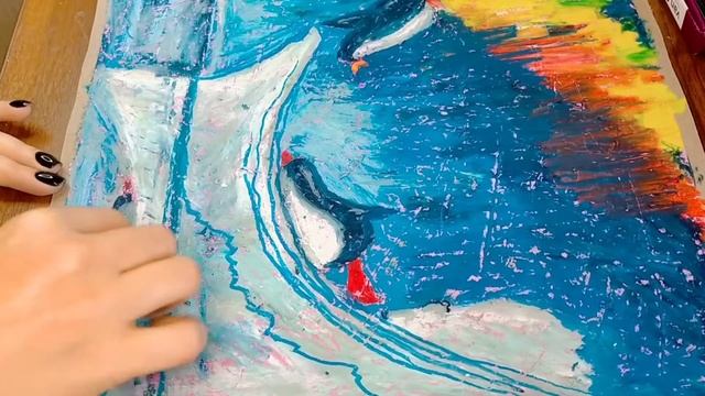 Пингвины масляной пастелью Penguins painted in oil pastels