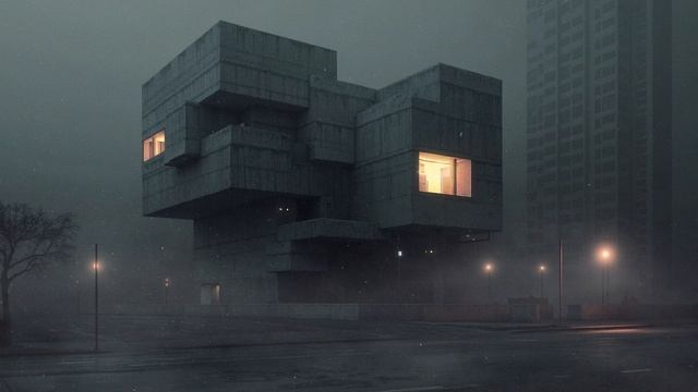 Concrete Silence Futuristic Brutalist Architecture at Night  Urban Landscape