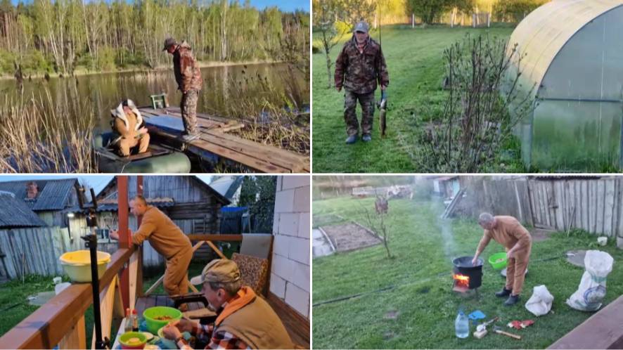 ХЛОПЦЫ НА РЫБАЛКУ. ЛЁШИК ПОЙМАЛ ХОРОШУЮ РЫБКУ. А ПОТОМ ГОТОВИМ ПЛОВ В КАЗАНЕ.