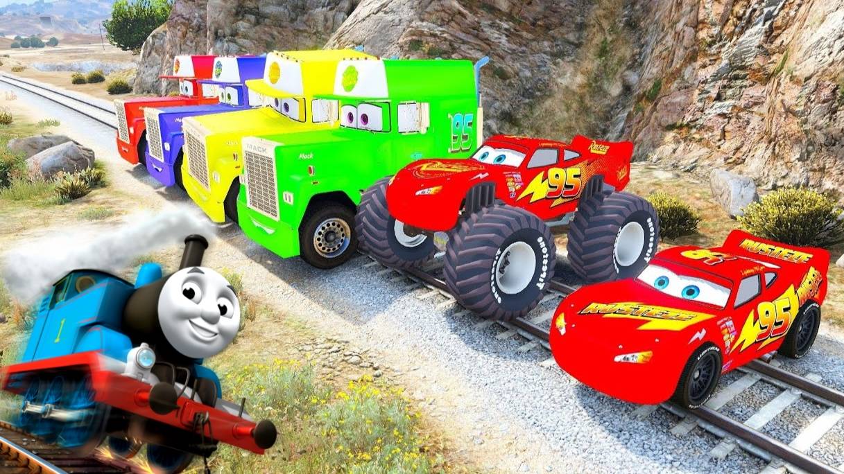 Томас Поезд берет на таран Мэк Трак и Молния Маккуин Дисней Тачки в беде Мультики для Детей