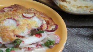 Запеканка с макаронами и копченной курицей