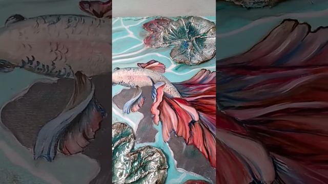 Water lilies and fish in blue water. Oil painting, mixed media, Textured resin art. Микс масло смол