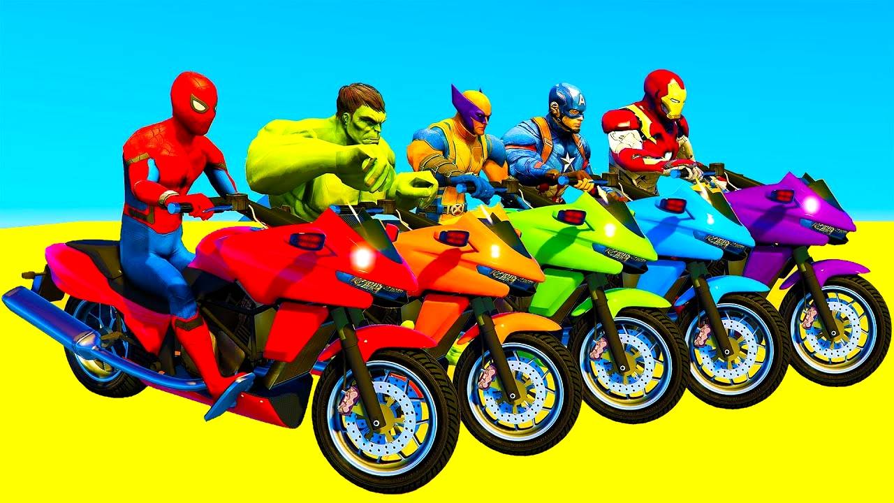 Мультики для детей Цветные Мотоциклы и ДЖИПЫ ЧЕЛОВЕК-ПАУК с Супергероями преодолевают препятствия