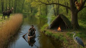 Одинокий кемпинг на острове. Хижина из веток, сплав по реке, рыбалка