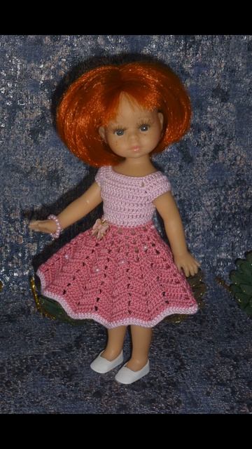 Авторское вязаное платье на кукол Паола Рейна мини 21 см "Розовый Бантик" Doll dress for Paola Reina