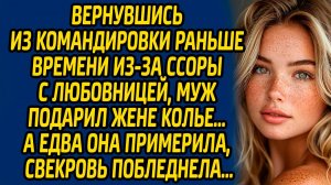 Вернувшись из командировки раньше времени из-за ссоры с любовницей, муж подарил жене колье…
