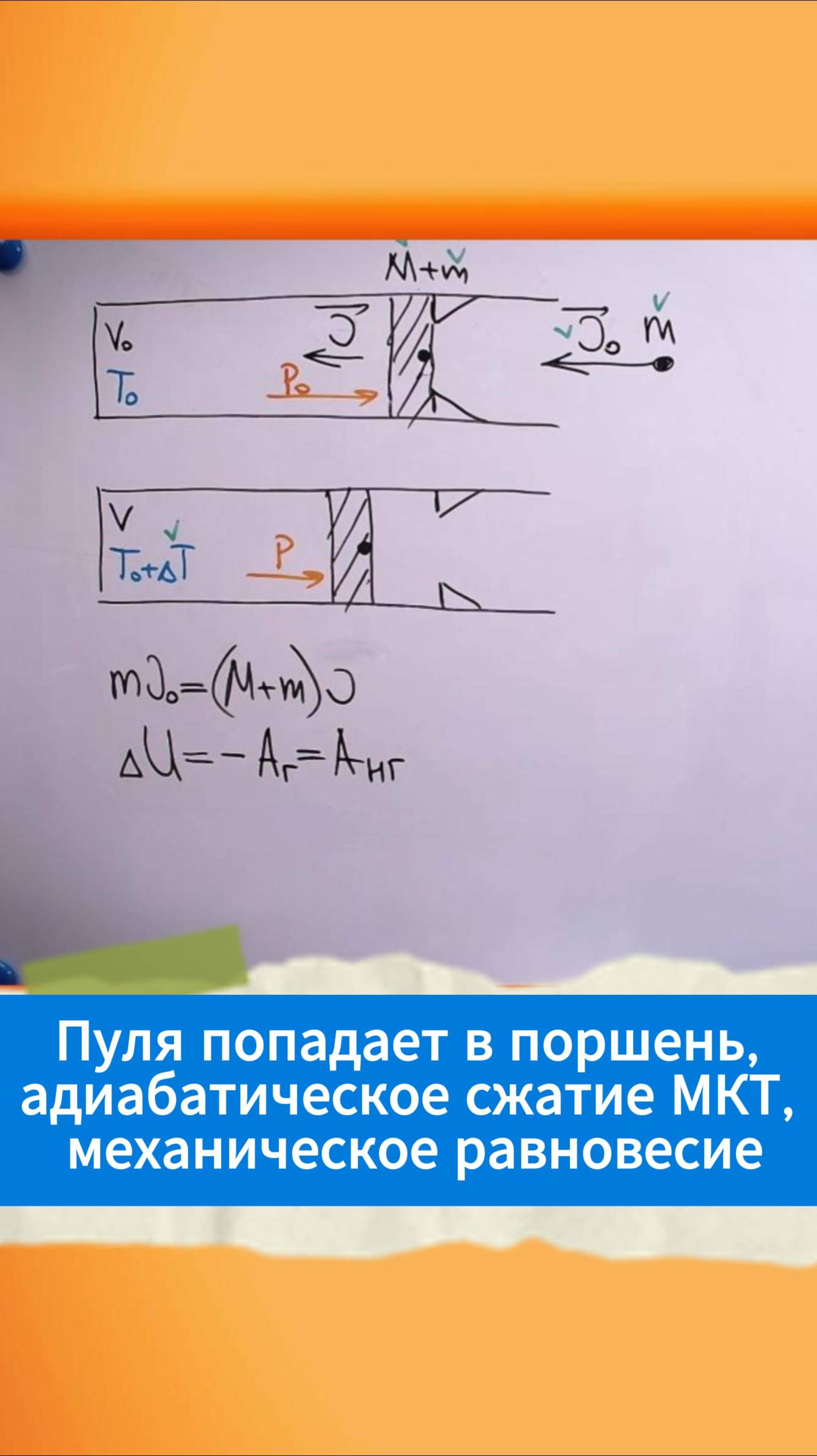 Пуля попадает в поршень, адиабатическое сжатие МКТ, механическое равновесие
