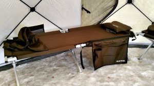 Раскладушки, печь-камин расположение в палатке RUSTRAIL Yur