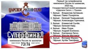 Чемпионат России 2023 год, 1 тур (белые - Володар Мурзин, чёрные - Артём Тимофеев).