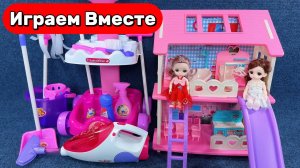 Играем в куклы Барби 🏠🎀 Игровой набор: милый кукольный домик с тележкой для уборки🏠🎀 АСМР детям