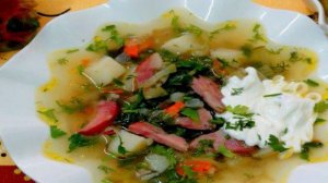 Рассольник с копчёной колбасой и оливками