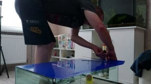 Клею аквариумный фон на глицерин. Установил аквариум на стеллаж.