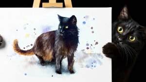Черный кот 🐈⬛✏️🎨 | Рисуем карандашами и акварелью с брызгами | Арт-релакс без слов