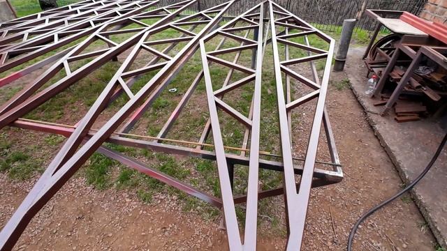 Делаем навес 7.5- 4м. высота 2.6 . Изготовление ферм. смотреть онлайн