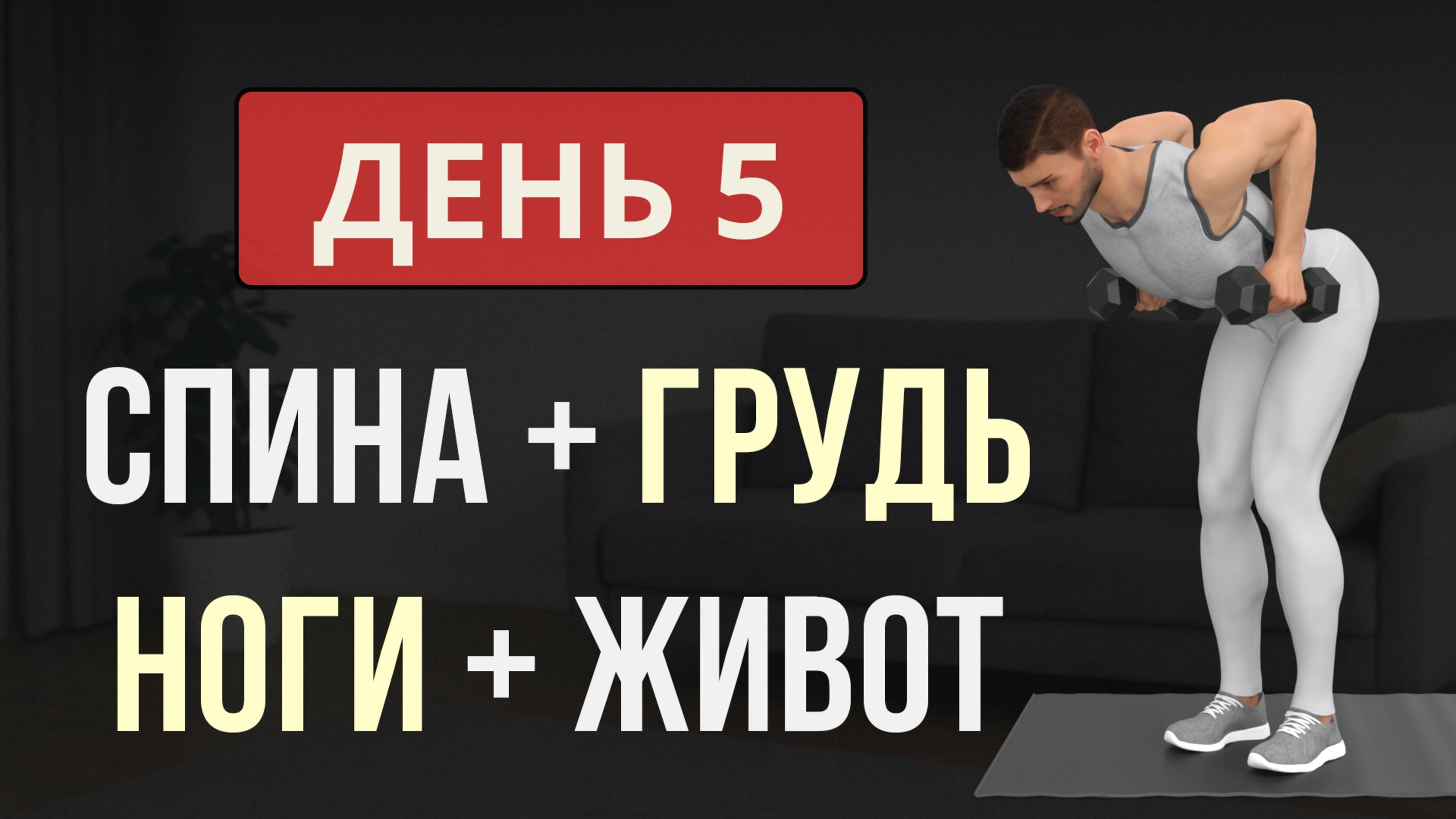 День 5/7: СПИНА + ГРУДЬ + НОГИ + ЖИВОТ (с гантелями и без гантелей)💪 Мужская программа для дома