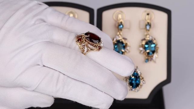 Кольцо Синее море из желтого золота с гранатом и брилл смотреть онлайн