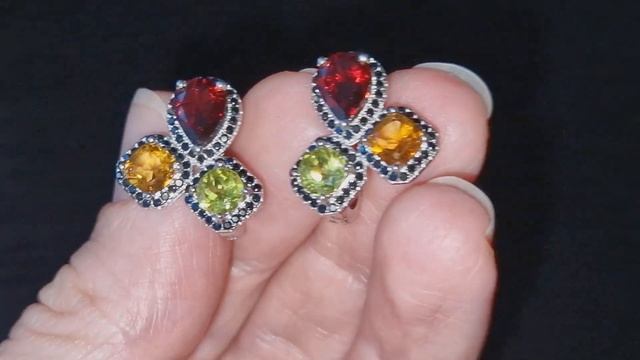 Серебряные серьги Гранат Цитрин Хризолит Шпинель