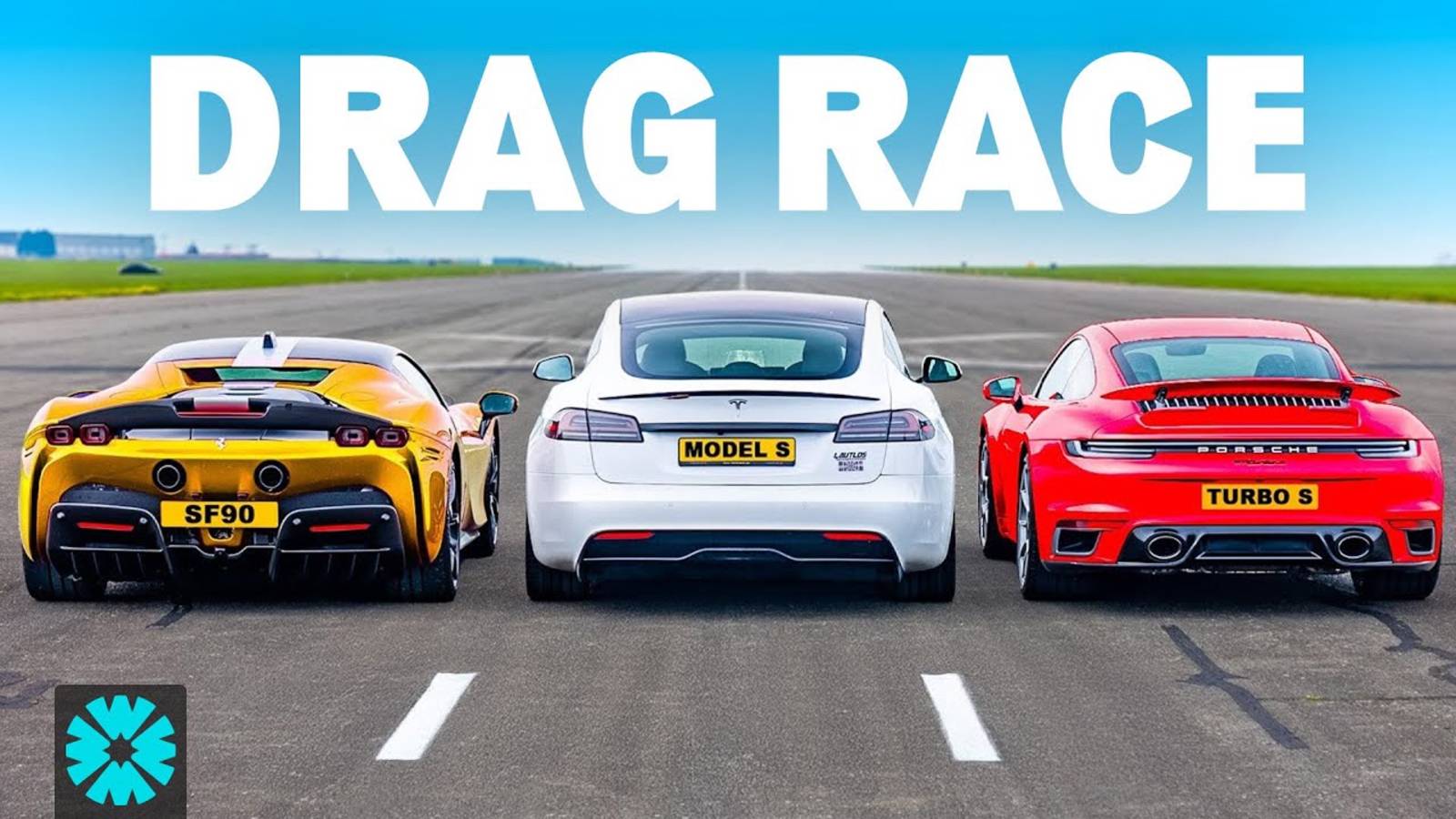 carwow: ДРЭГ-РЕЙС Tesla Model S Plaid против Ferrari SF90 против Porsche 911 Turbo S