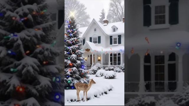 Зима, домик, новогодняя ель и олененок смотреть онлайн