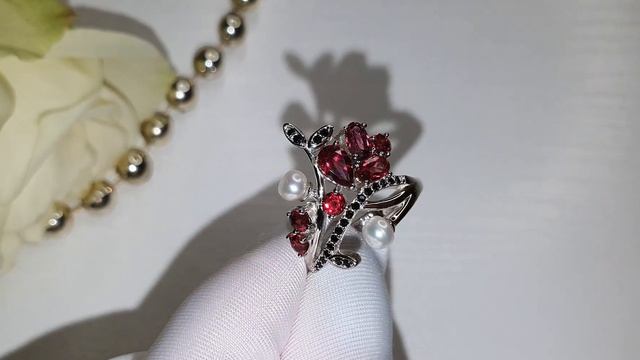 Серебряное Кольцо с натуральными Гранатами Родолитам смотреть онлайн