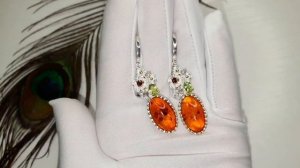 Серебряные Серьги с натуральным Янтарем, Гранатами, Т