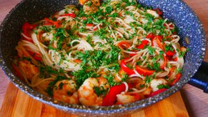 Ресторан Дома! Спагетти с Креветками и Овощами в Сливочном Соусе - Проще простого!