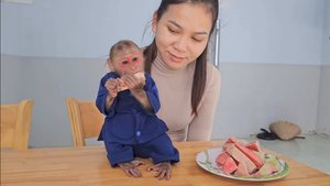 2 серия Обезьянка МАЛЕХА обнимает маму пищит кушать Ест за столом фркуты СМЕШИНКА