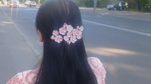 Розовая заколка. Канзаши (кандзаси). Шёлк.