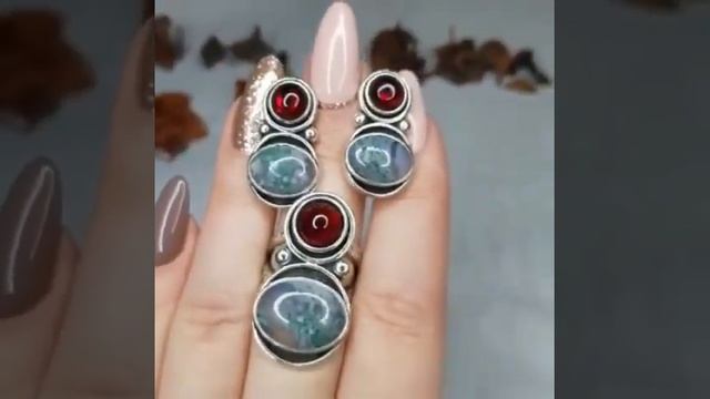Роскошный комплект с МОХОВВМ АГАТОМ и ГРАНАТАМИ 💎 Ср?