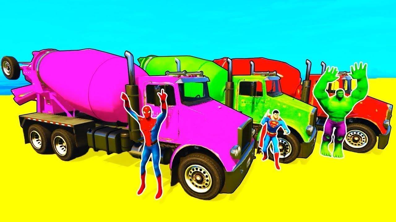 Красочный мультфильм Грузовики-миксер и Водные Мотоциклы для супергероев и детей с детскими песнями