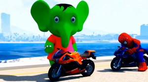 Приключения Человека-паука Веселые гонки на мотоциклах с Зеленым Слоником Мультфильм для детей