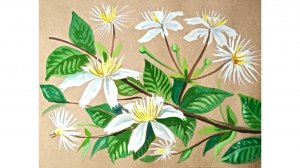 Белый клематис. Рисуем гуашью на крафтовой бумаге.