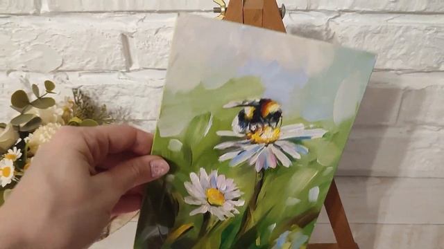 Шмель на ромашке, картина маслом 20/15 см. смотреть онлайн