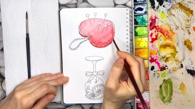 Валентинка. Игольница сердечко акварелью / Valentine, Heart Pin Cushion in watercolor - Timelapse