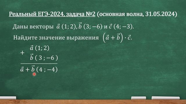 Реальный ЕГЭ-2024, задача 2. Даны векторы a(1;2), b(3;−6) и c(4;−3). Найдите (a+b)∙c. смотреть онлайн