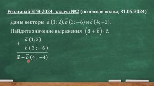 Реальный ЕГЭ-2024, задача 2. Даны векторы a(1;2),  b(3;−6)  и c(4;−3). Найдите (a+b)∙c.