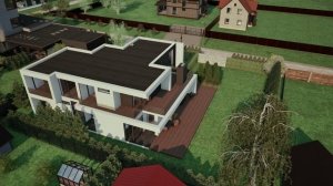 Двухэтажный дом площадью 340 м² с плоской кровлей в стиле минимализм, автомобильным навесом пергола