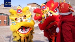 Традиционный китайский танец льва - красочный атрибут