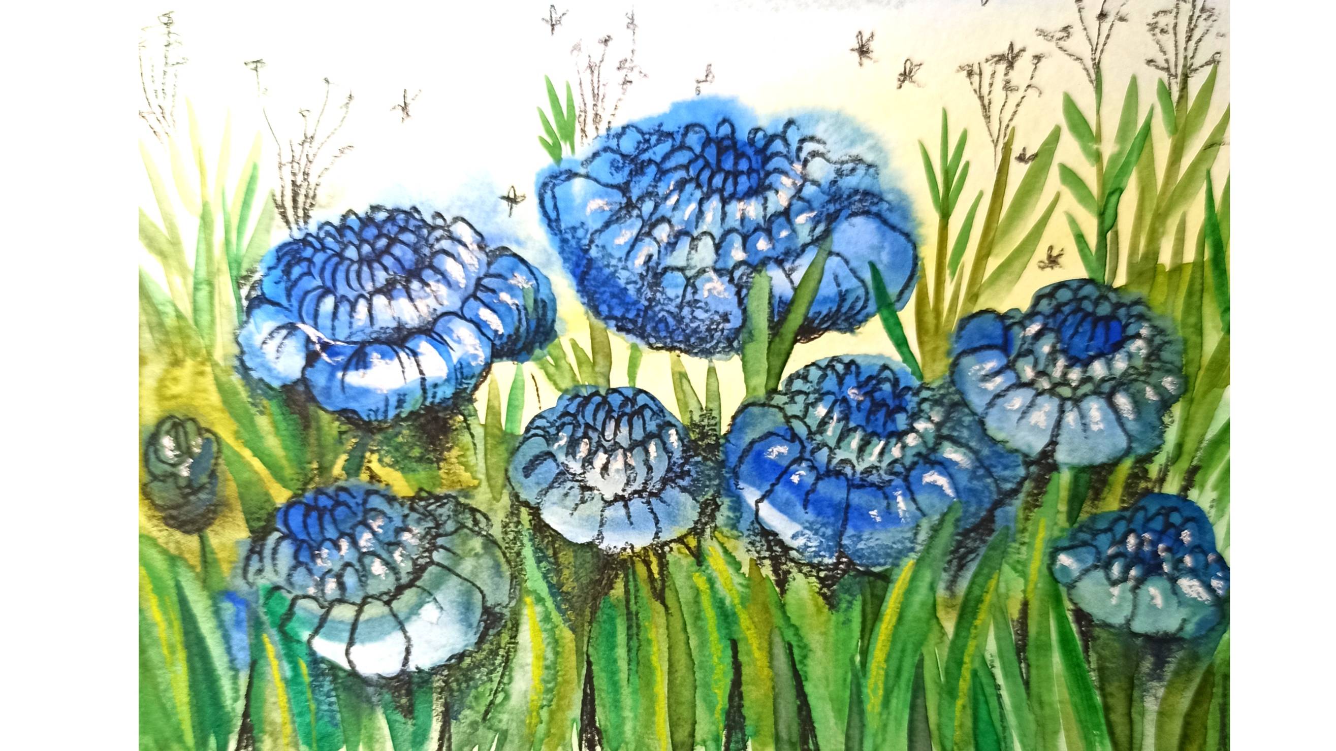 Простой рисунок цветов акварелью и черным карандашом. смотреть онлайн