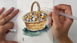 Корзинка с грибами / акварельный скетчинг рисуем грибы
