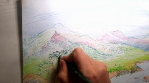 Мастер-класс "Горный пейзаж с рекой" Цветными карандашами 5+