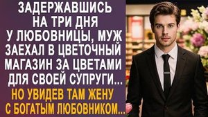 Задержавшись на три дня у любовницы, муж заехал в цветочный магазин за цветами для своей супруги...