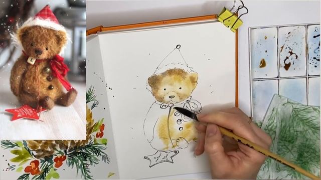 Новогодний мишка акварелью скетчинг