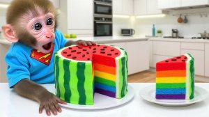🐵🍉 Обезьянка Бон-Бон ест разноцветный арбуз и убегает от гигантской акулы! 🦈