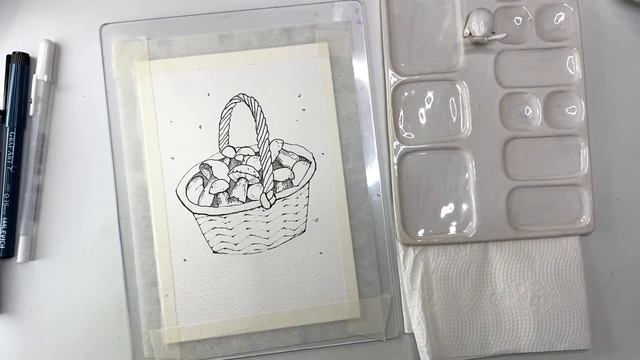 Корзинка с грибами  акварельный скетчинг рисуем грибы