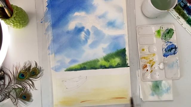 Рисуем морской пейзаж акварельный скетчинг