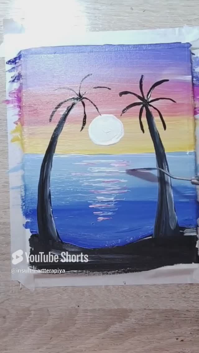 Простой пейзаж акрилом_Рисуем с детьми 👍#shorts