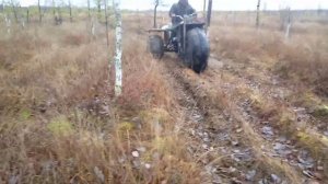 Вездеход на базе мотоцикла Урал едет по болоту (смотри